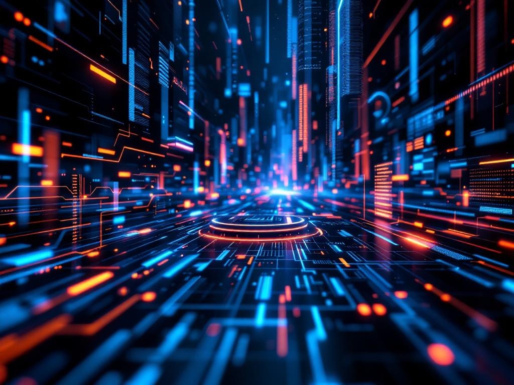 Dark cosmic digital workspace with glowing neon indigo and amber accents, futuristic holographic UI 