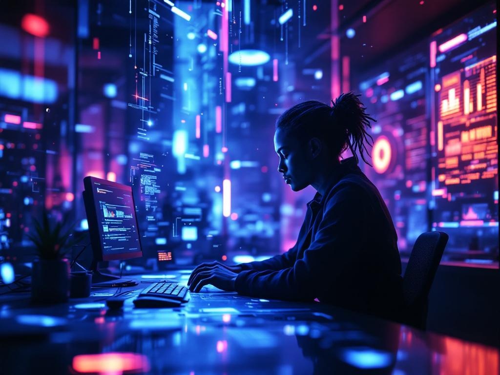 Dark cosmic workspace with a glowing holographic interface, a focused creative professional surround