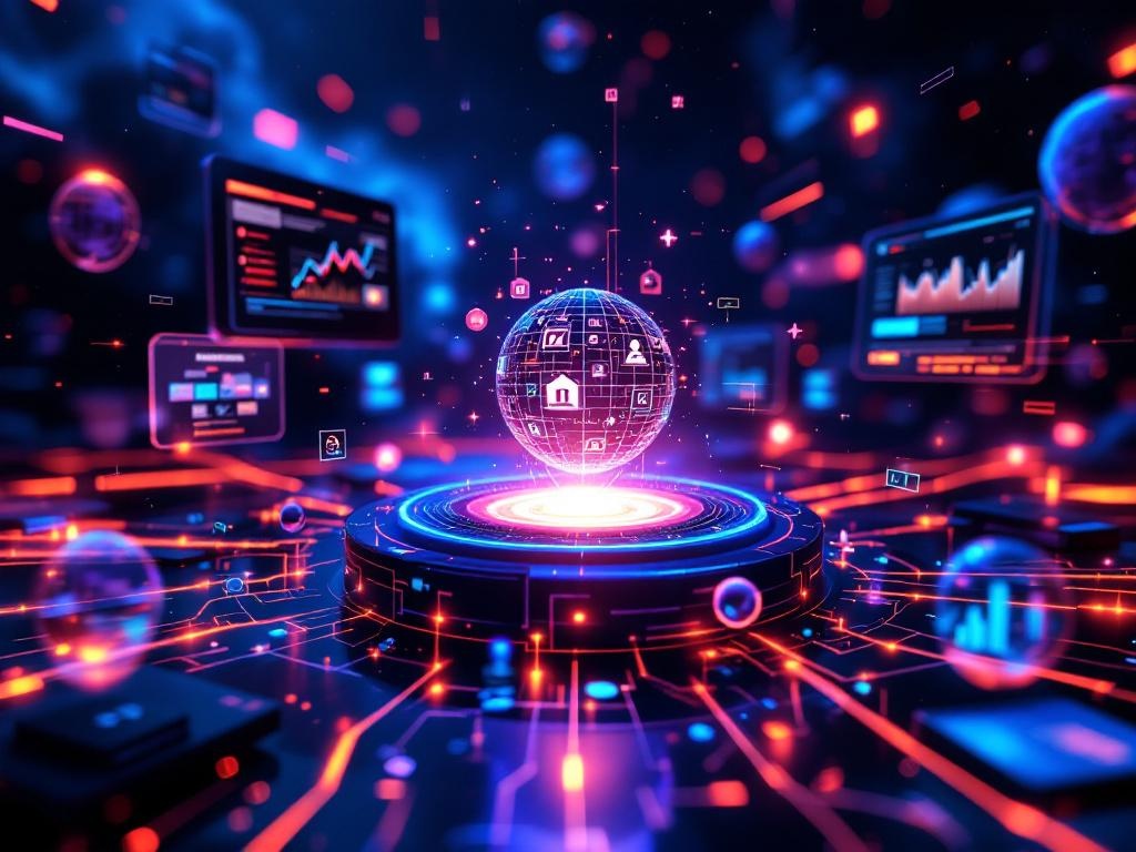 Dark cosmic workspace with floating holographic service icons and digital tools orbiting a central g