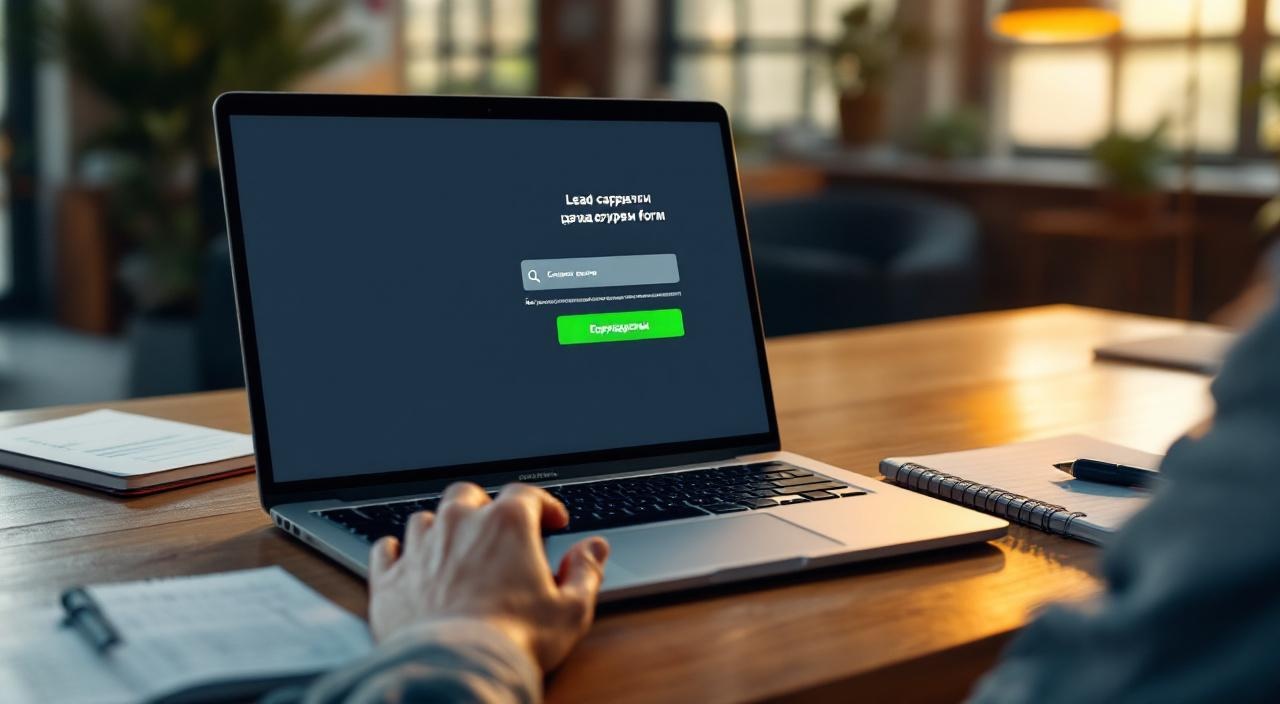 Простая форма захвата с одним полем «Ваш телефон» и зелёной кнопкой, на экране ноутбука, рядом блокнот с записями маркетолога форма захвата лидов для повышения конверсии лендинга