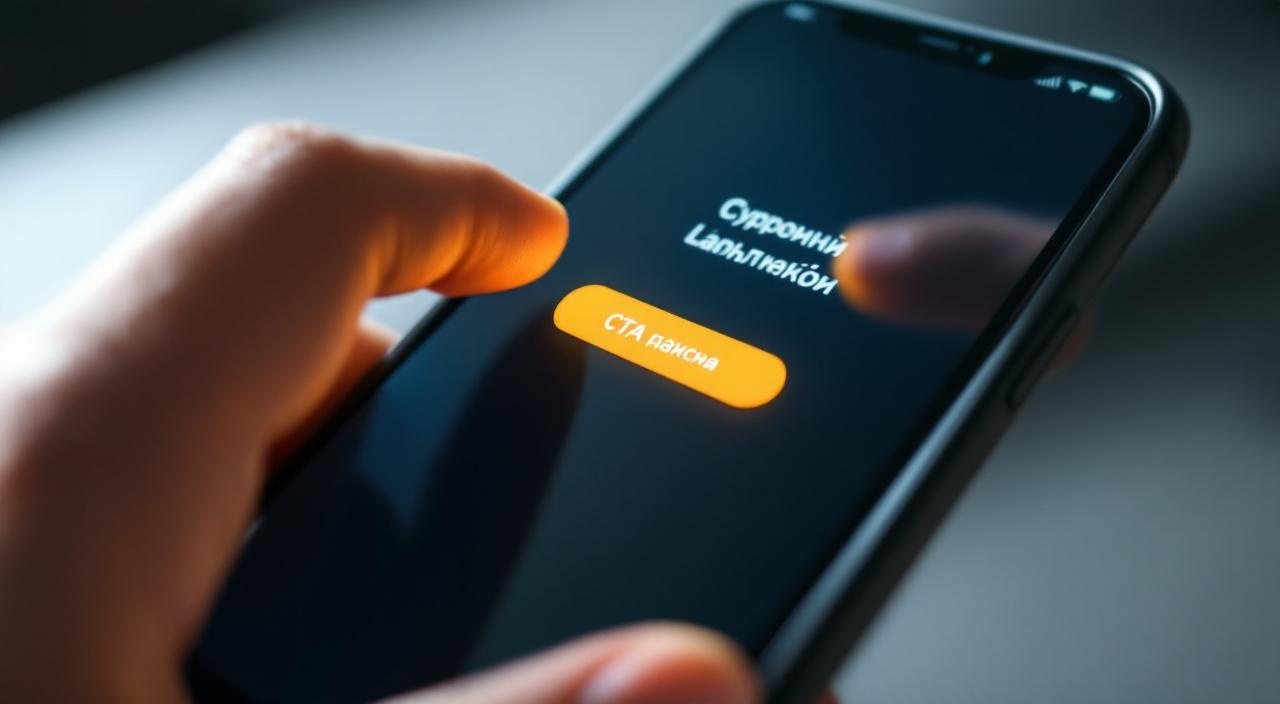 Крупный план смартфона с лендингом, на экране яркая кнопка CTA с текстом «Получить план бесплатно», палец пользователя тянется к кнопке кнопка CTA для повышения конверсии лендинга на мобильном