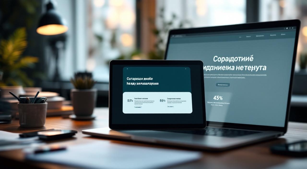 Сравнение двух экранов лендинга — слабый заголовок без конкретики и сильный заголовок с цифрами и выгодой, на ноутбуке, рабочий стол маркетолога конверсия лендинга сравнение заголовков до и после