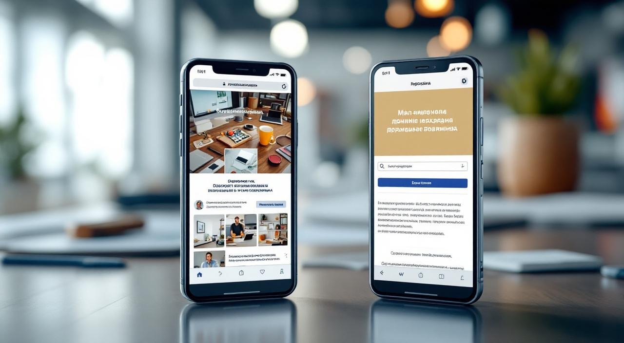 Сравнение одного и того же лендинга на смартфоне — слева неудобная мобильная версия, справа удобная адаптированная, офис, рабочий стол мобильная адаптация лендинга для роста конверсии