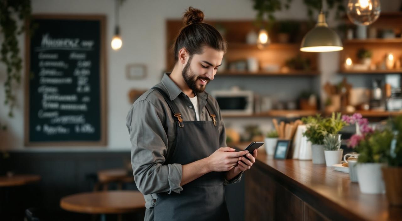 владелец кафе проверяет яндекс бизнес карточку на телефоне