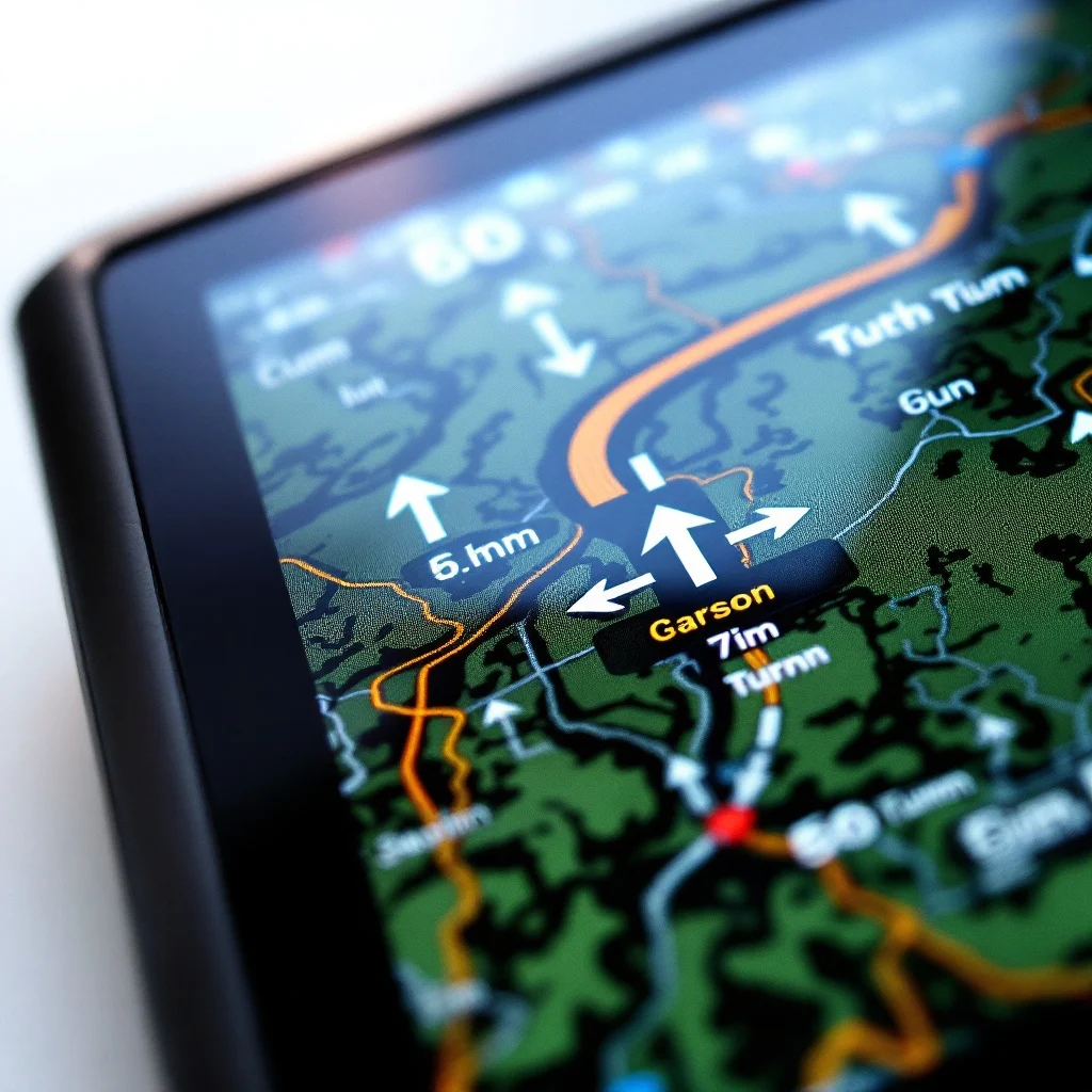 Экран GPS-навигатора с детальной картой маршрута крупным планом