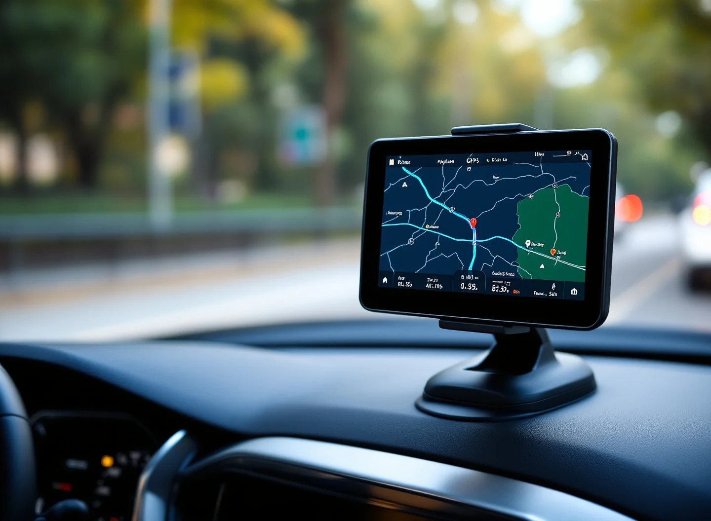 GPS-навигатор на лобовом стекле автомобиля с картой маршрута