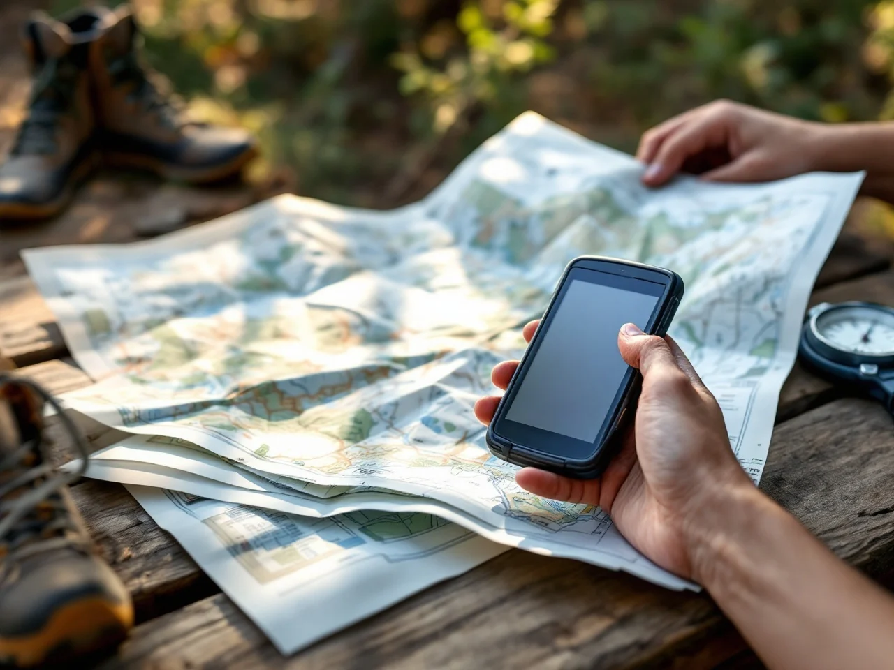 GPS-навигатор на карте у лесного лагеря во время похода