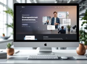 Создание сайта для бизнеса — корпоративный сайт на экране монитора в современном офисе