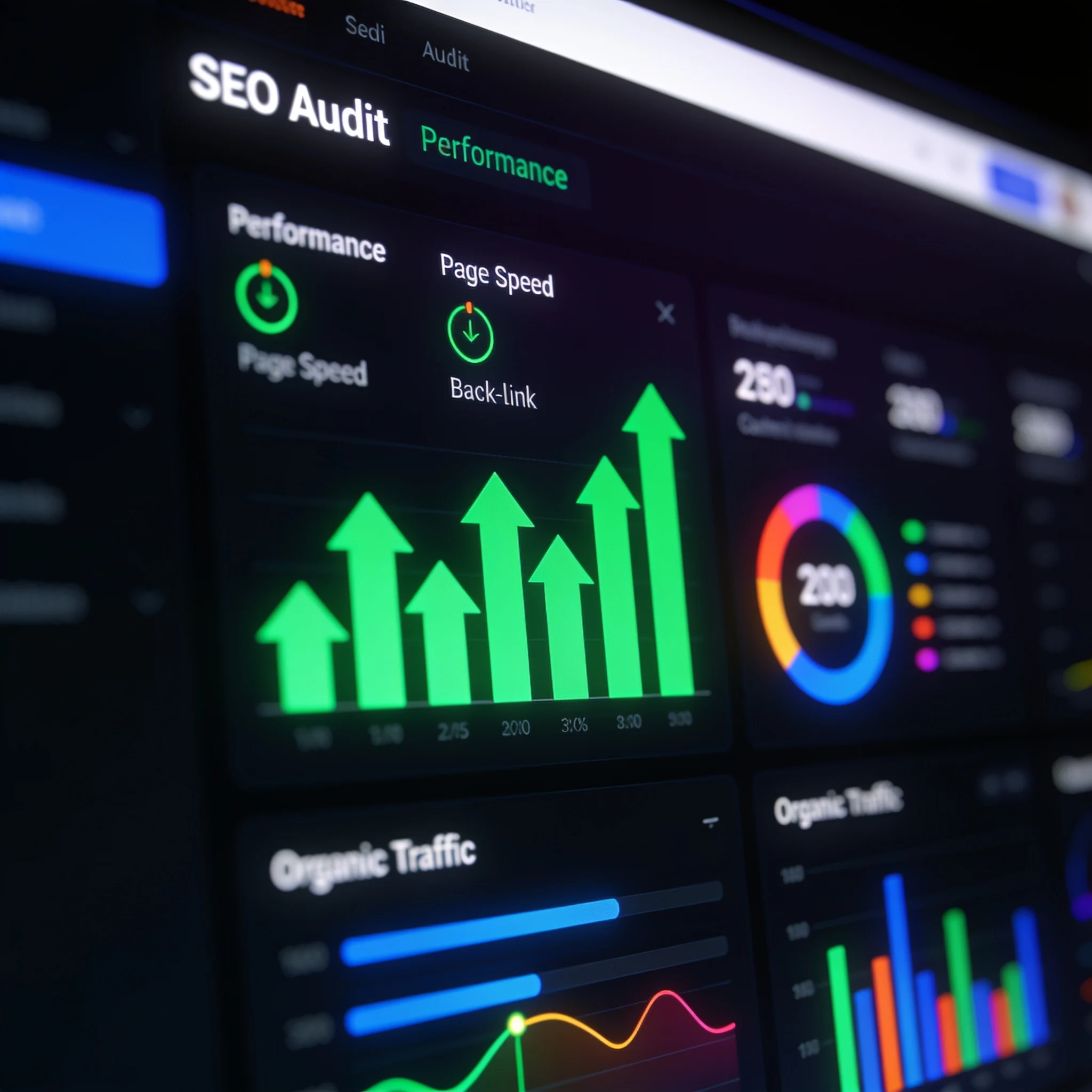 Детали интерфейса SEO-аудита и метрики продвижения сайта