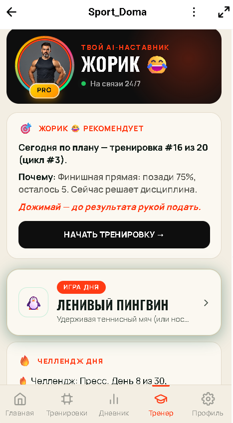 Мини-приложение SportDoma с кольцом-таймером тренировки и кнопками оценки нагрузки