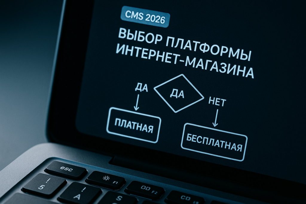 Макро-съёмка экрана с блок-схемой выбора CMS для интернет-магазина