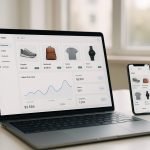 Ноутбук с интерфейсом CMS для интернет-магазина на светлом рабочем столе