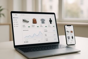 Ноутбук с интерфейсом CMS для интернет-магазина на светлом рабочем столе