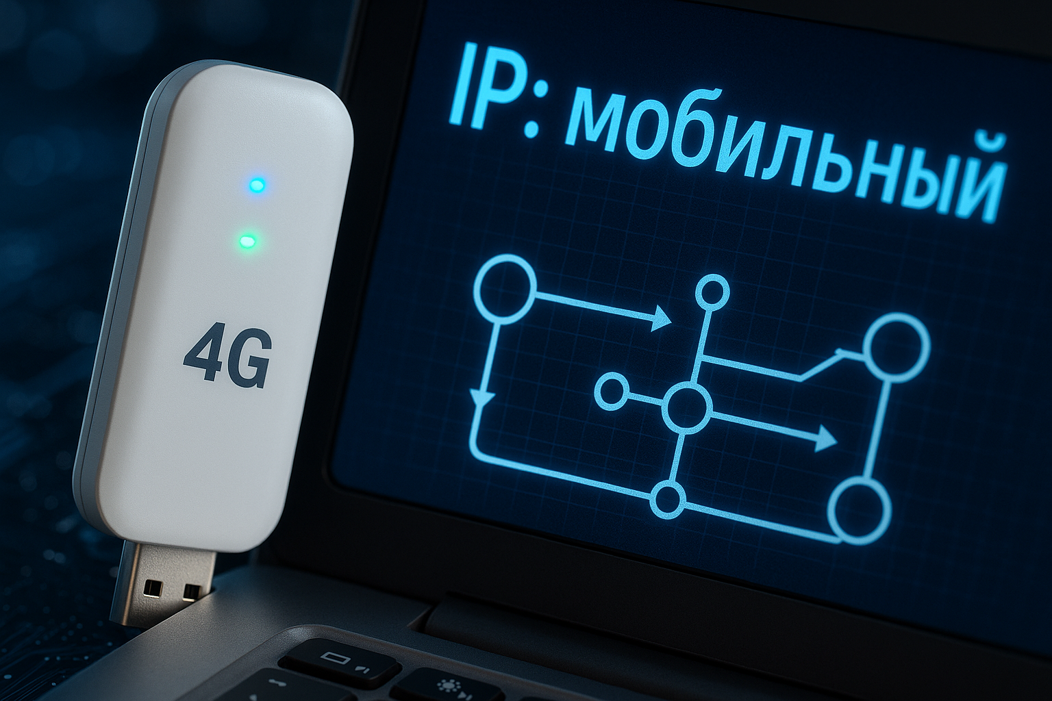 Макросъёмка USB-модема и схемы мобильного прокси на экране ноутбука