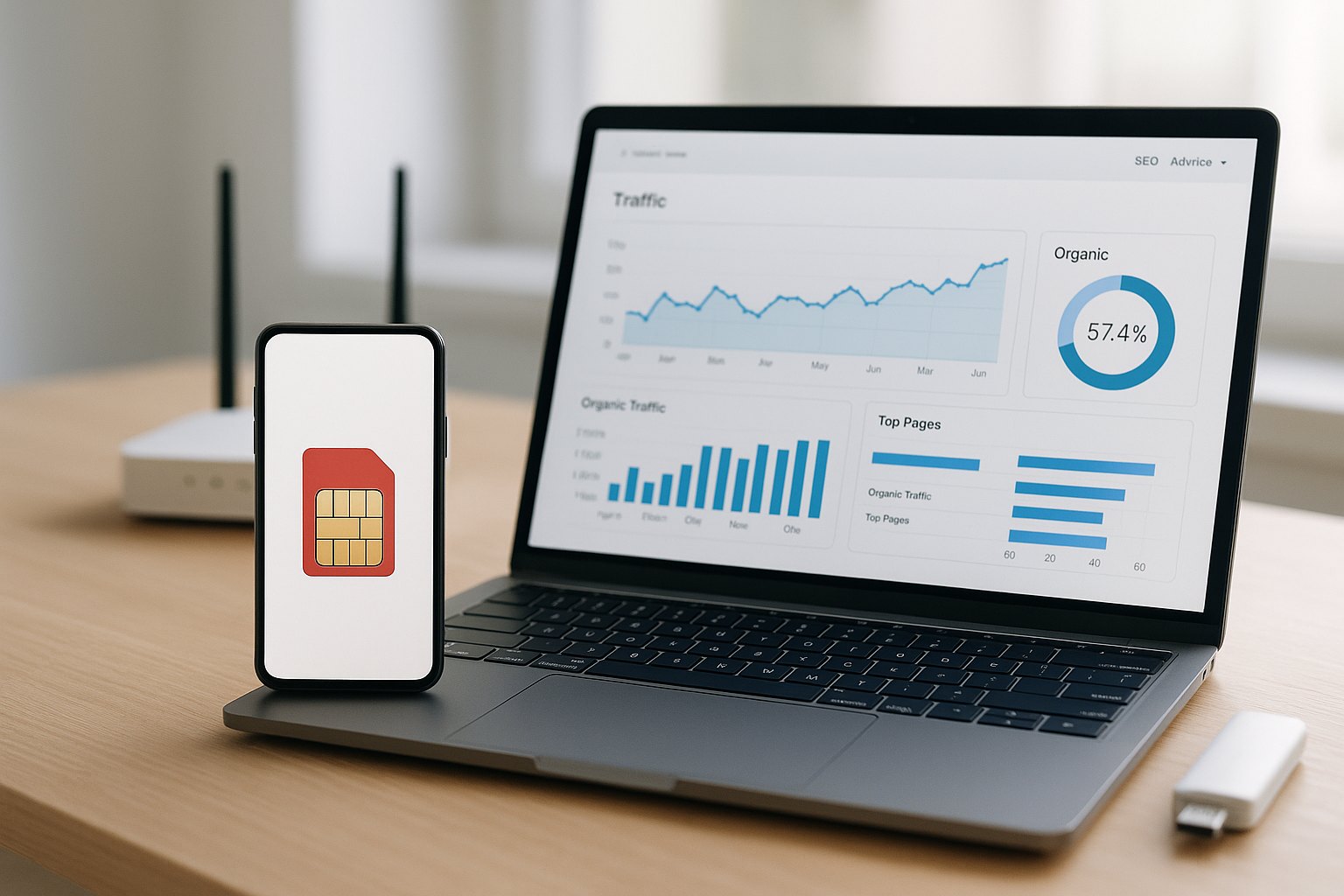 Мобильные прокси для SEO — смартфон, ноутбук и роутер на рабочем столе