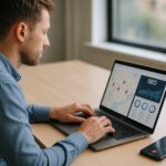 SEO-специалист работает с мобильными прокси за ноутбуком в светлом офисе