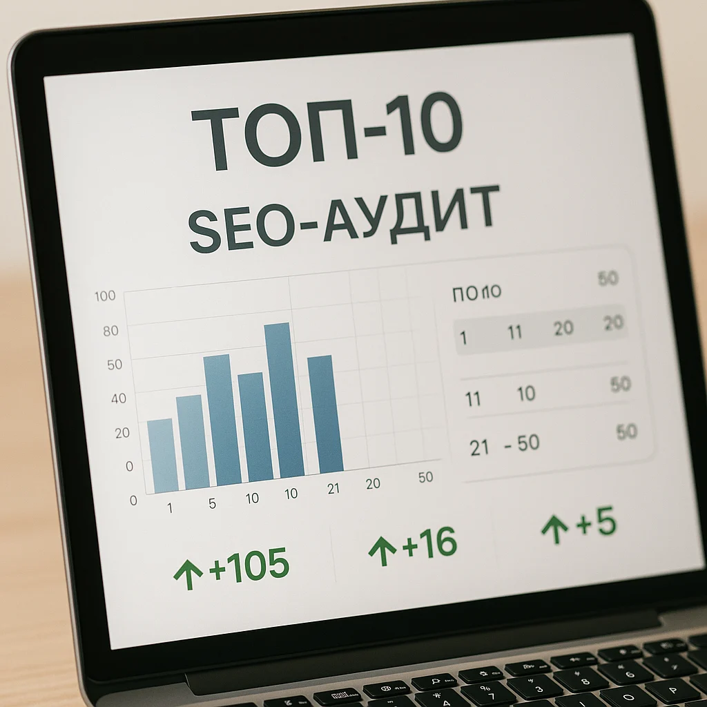 Экран с SEO-инфографикой и надписью ТОП-10 — поисковое продвижение сайтов