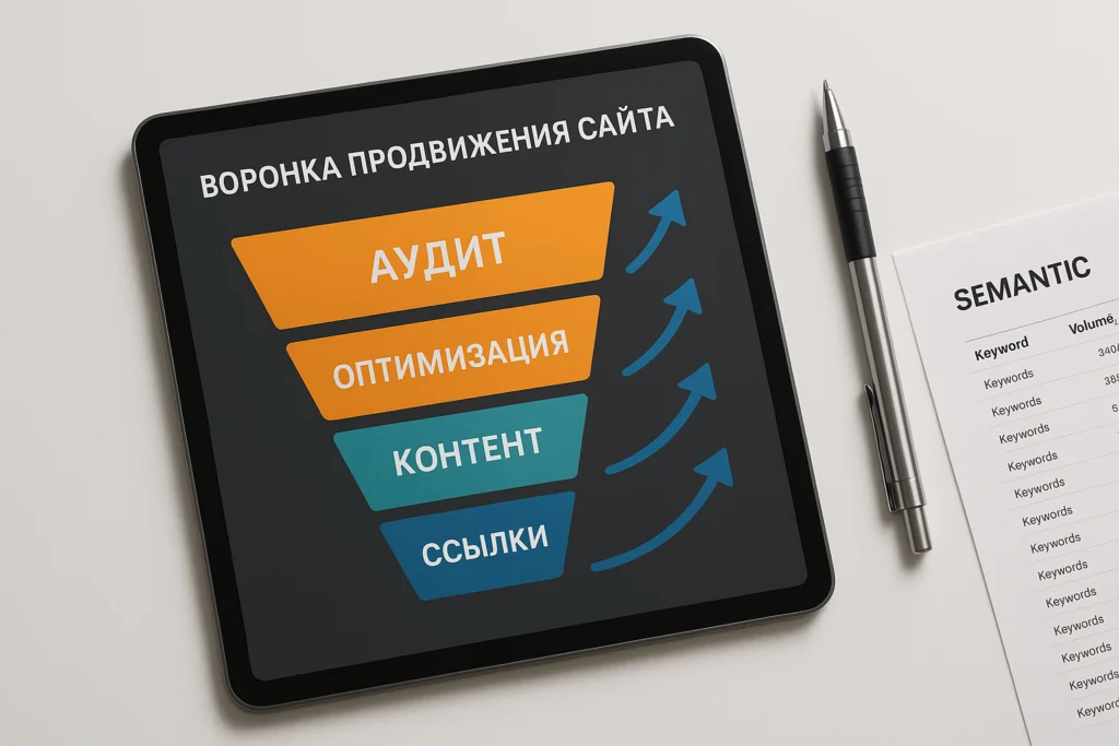 Схема этапов повторного SEO-аудита сайта: анализ ошибок, семантика, план выхода из застоя