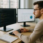 Разработчик создаёт сайт для продвижения в светлом офисе