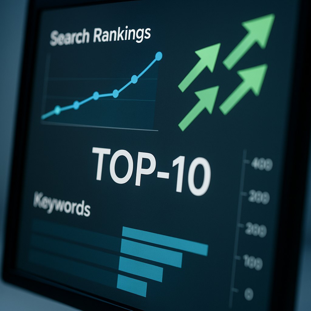 Специалист по SEO анализирует поисковую выдачу и семантическое ядро на мониторе перед разработкой сайта