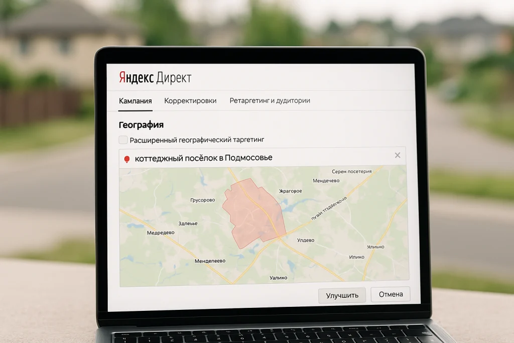 Интерфейс рекламного кабинета с геотаргетингом на пригородные зоны — настройка умного таргетинга для привлечения местных клиентов