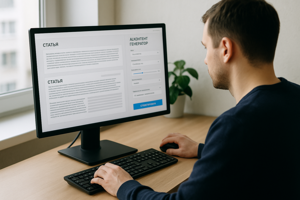 Специалист за компьютером работает с интерфейсом AI-генератора контента: экран с текстовыми блоками, статьями и панелью настроек генерации