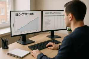 Специалист настраивает SEO-стратегию: экран с графиками роста трафика, таблицы ключевых слов, рабочее место с двумя мониторами