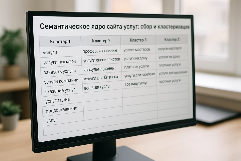 Крупный план экрана с таблицей ключевых слов, разбитых по кластерам и частотности, для сбора семантического ядра