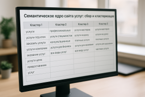Крупный план таблицы с ключевыми словами, разбитыми по столбцам-кластерам на мониторе