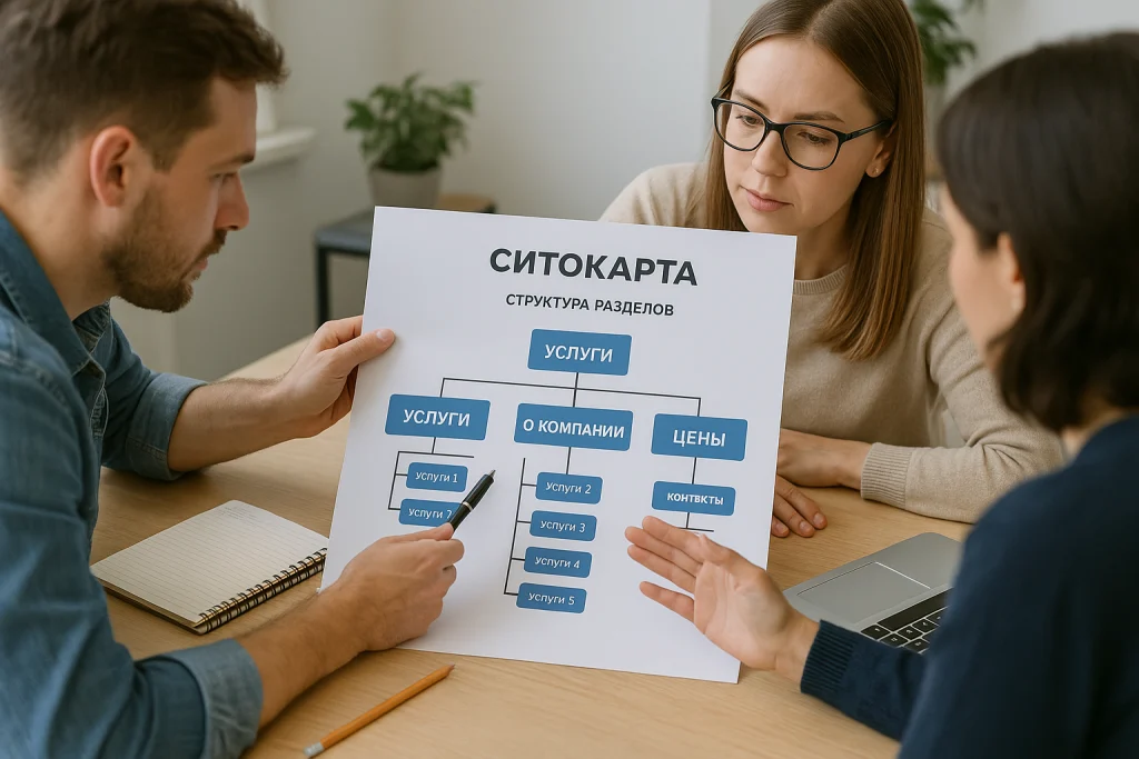 Команда обсуждает структуру сайта с разделами по услугам и зонам выезда, на столе распечатанная карта города с районами