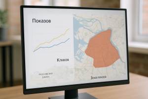 Крупный план экрана с графиками роста показов и кликов рекламной кампании по региону, рядом карта города с отметками зоны показа