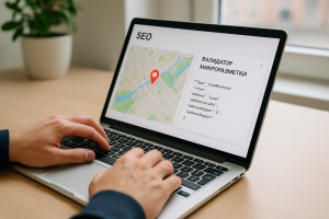Специалист по SEO за ноутбуком настраивает структурированные данные сайта локального бизнеса, на экране видна карта с меткой геолокации и панель валидатора микроразметки
