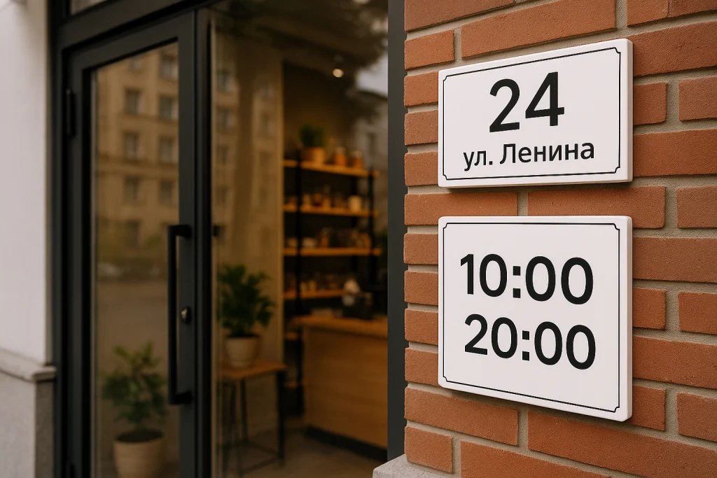 Витрина небольшого магазина или кафе с табличкой адреса и часов работы, символизирующая локальный бизнес, для которого внедряется микроразметка