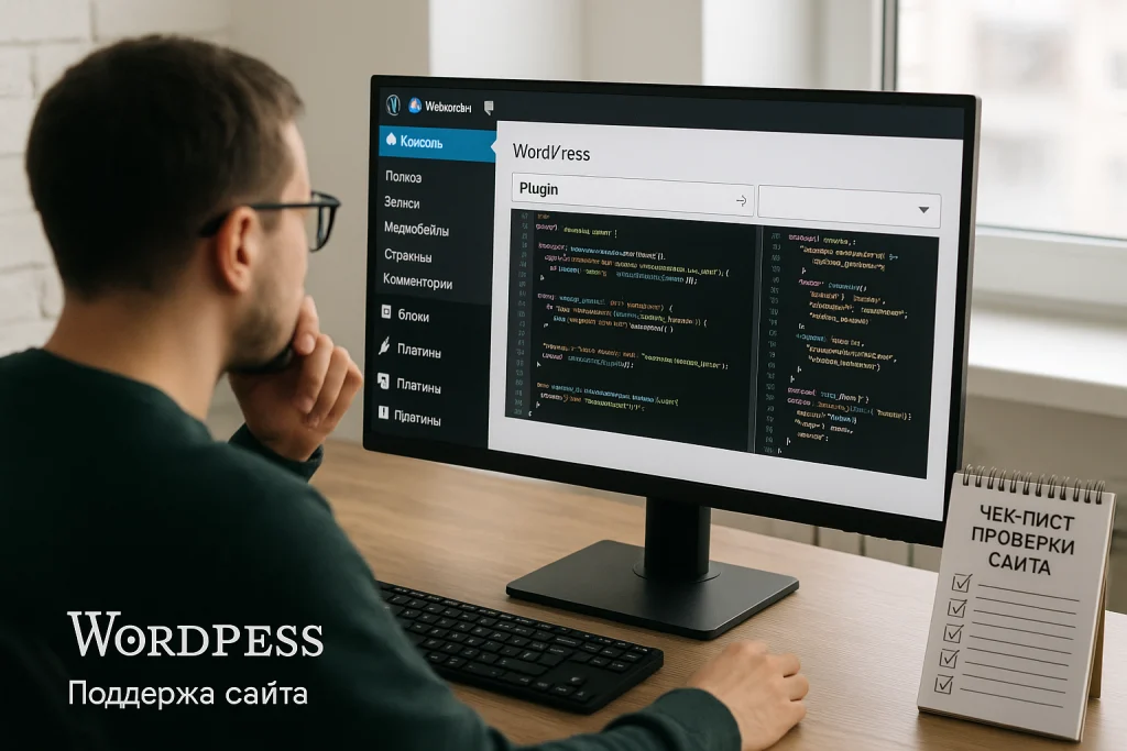 Специалист по поддержке анализирует панель администратора WordPress на мониторе, ищет ошибку в коде плагина, рядом список чек-листа проверки сайта