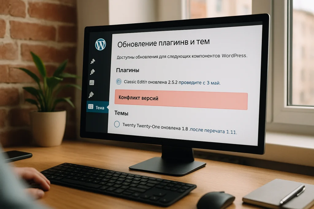 Экран с уведомлением об обновлении плагинов и тем WordPress, конфликт версий подсвечен красным, рабочий стол разработчика