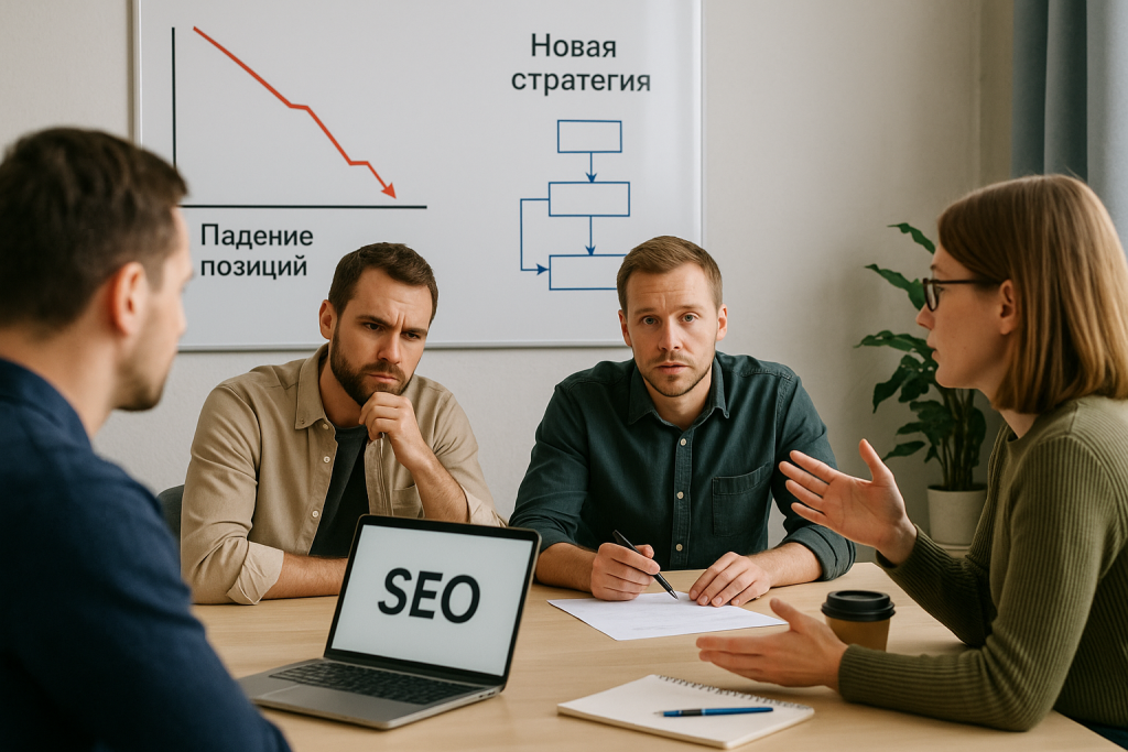 Команда специалистов обсуждает новую стратегию продвижения сайта после падения позиций в поиске