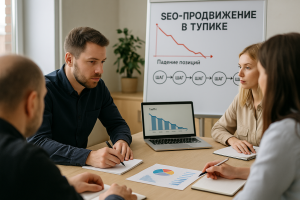 Команда специалистов на встрече обсуждает причины падения позиций сайта и составляет план восстановления роста