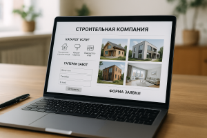 Экран ноутбука с прототипом сайта строительной фирмы: каталог услуг, галерея выполненных объектов и форма заявки на расчёт сметы