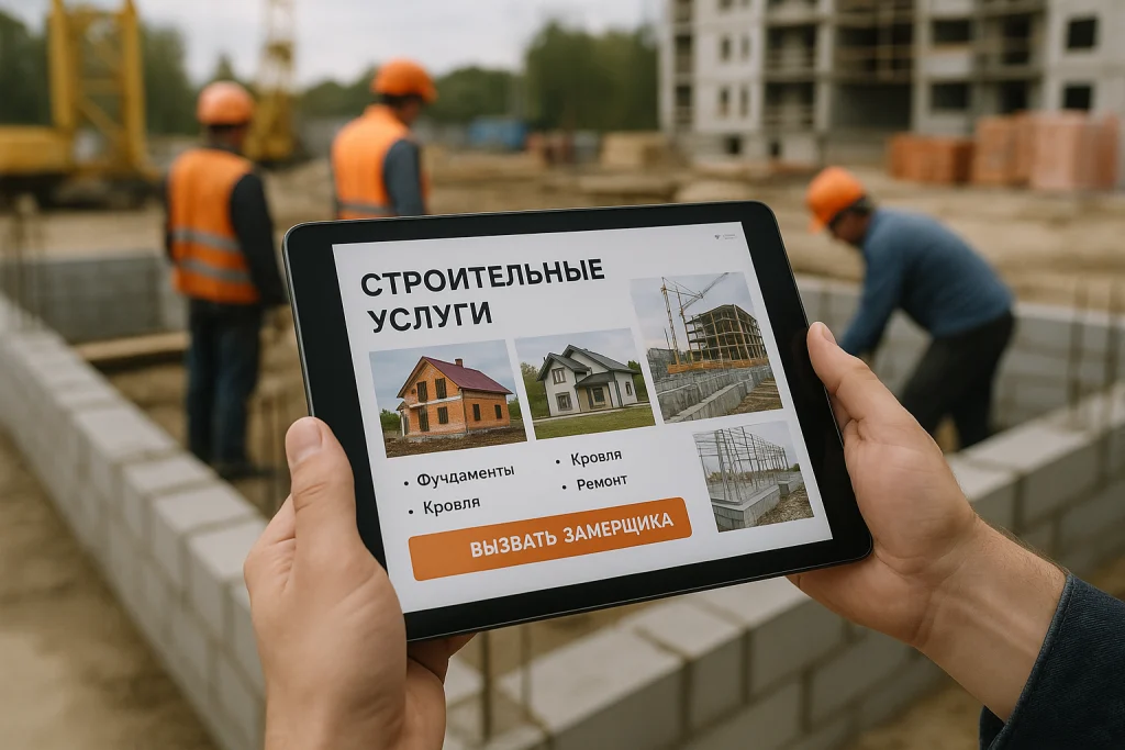 Строительная площадка с рабочими на фоне, поверх — планшет с открытым сайтом компании и кнопкой вызова замерщика
