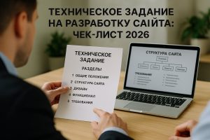 Менеджер и клиент за столом обсуждают документ с разделами технического задания, на экране ноутбука видна структура сайта и список требований