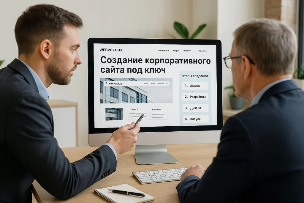 Менеджер презентует руководителю компании готовый макет корпоративного сайта на экране монитора в офисе