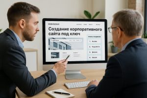 Менеджер презентует руководителю компании готовый макет корпоративного сайта на экране монитора в офисе