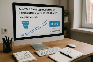 Рабочий стол с монитором, на экране аналитика заявок из разных источников (сайт и маркетплейс), рядом блокнот с графиками роста