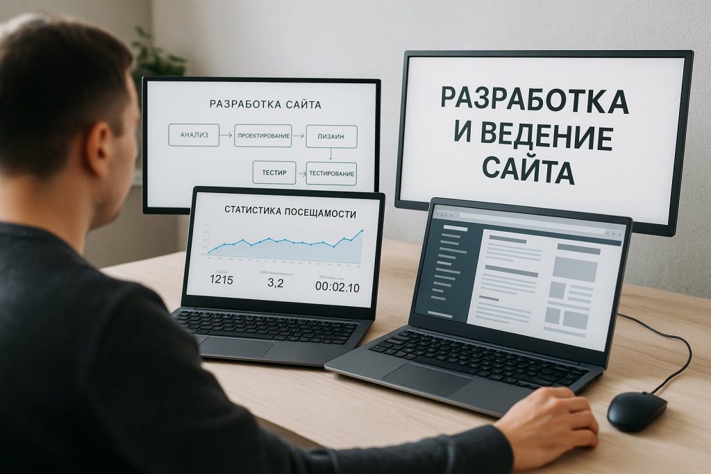 Специалист по техподдержке отслеживает статистику посещаемости и обновления сайта на нескольких мониторах