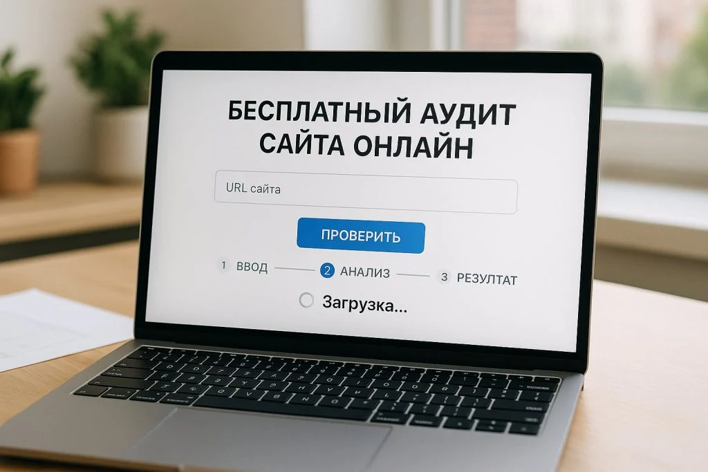 Крупный план формы онлайн-проверки сайта на экране ноутбука с индикатором загрузки результата