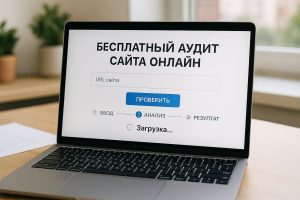 Крупный план формы онлайн-проверки сайта на экране ноутбука с индикатором загрузки результата