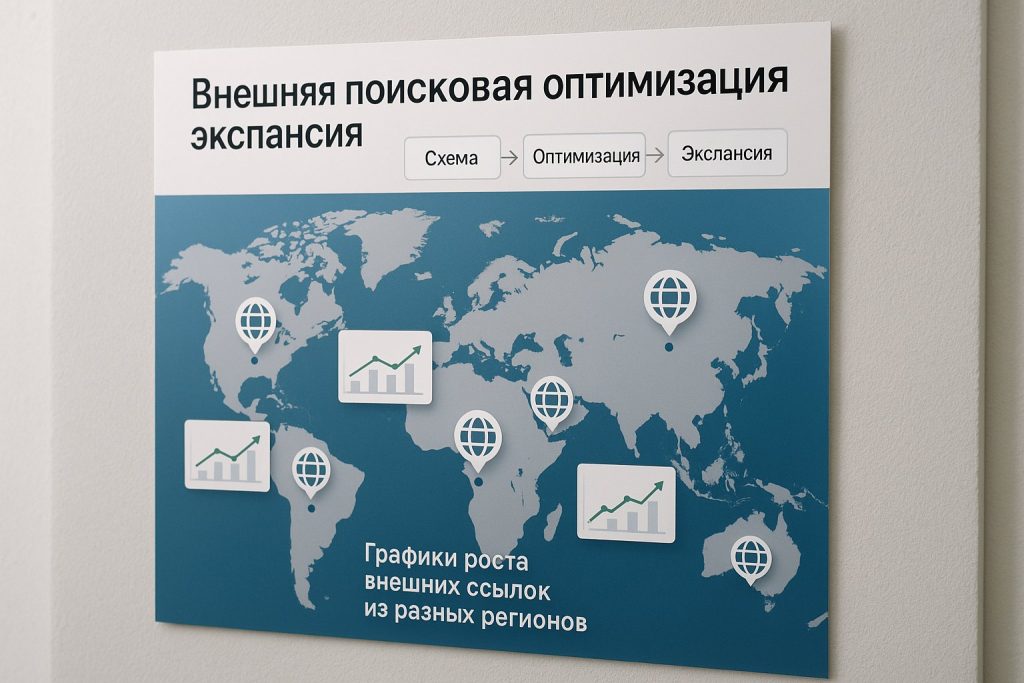 Карта мира с точками присутствия сайтов и графиками роста внешних ссылок из разных регионов
