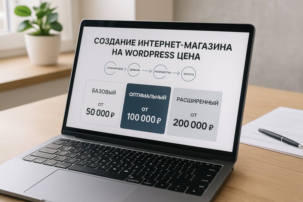 Таблица с ценами и тарифами на разработку интернет-магазина на экране ноутбука
