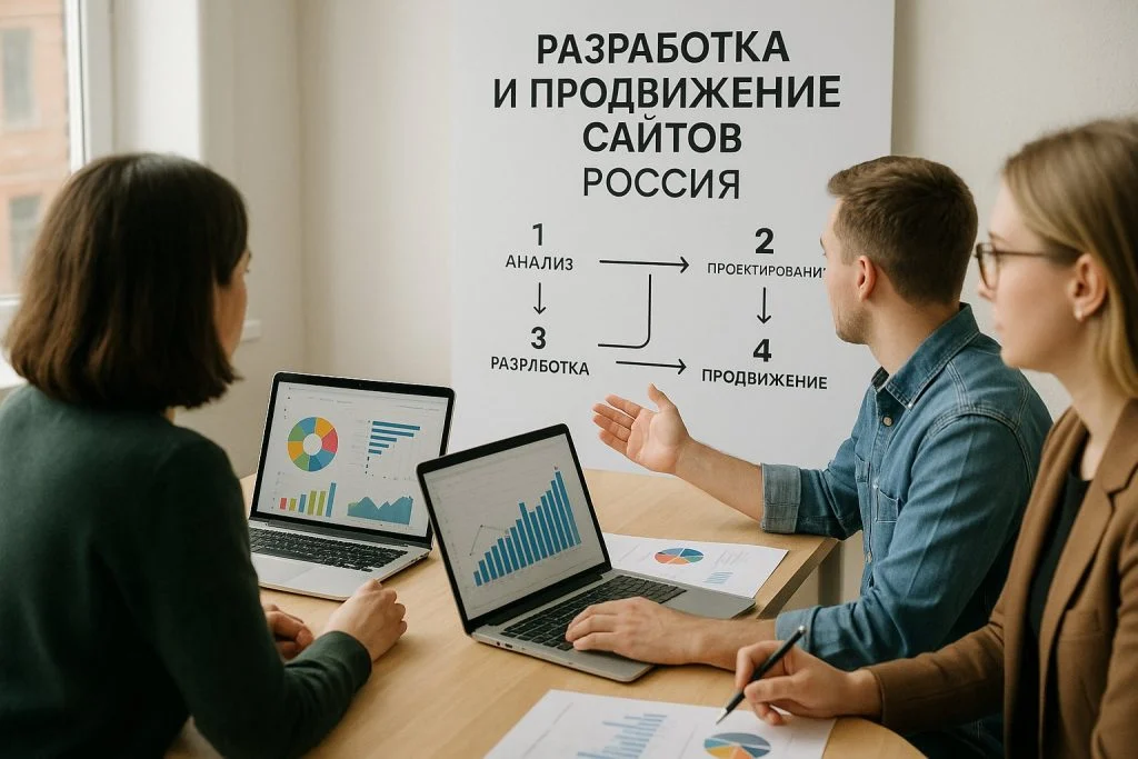 Команда разработчиков обсуждает план технического обслуживания и развития сайта клиента