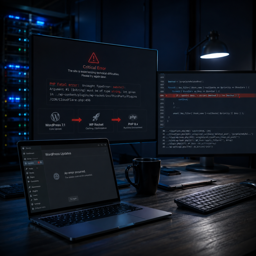 Сайт упал после обновления WordPress 7.1 виноват WP Rocket. Разбор и готовое решение